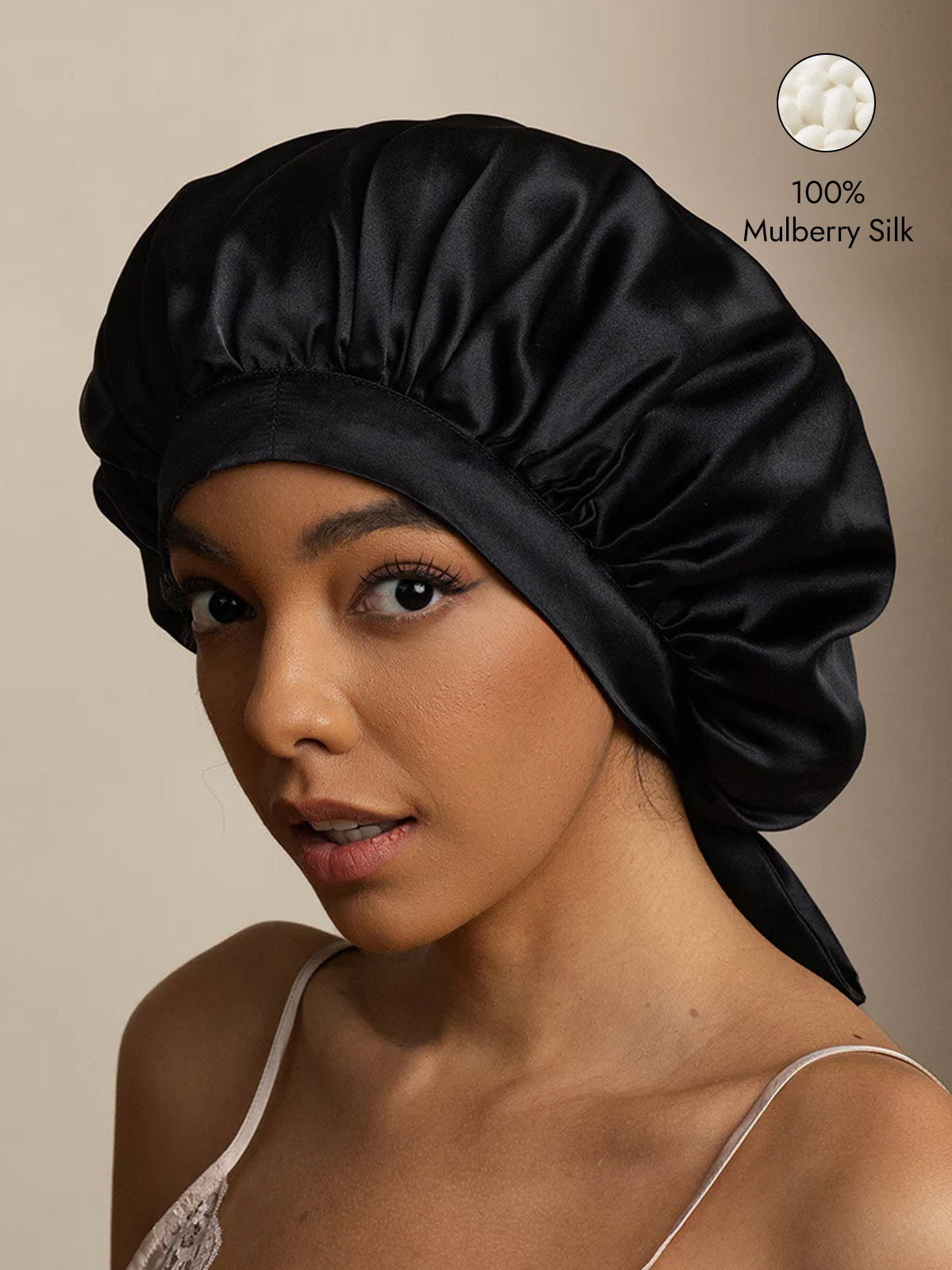 [Black] SilkSilky-CA Pure Silk Sleep Cap 001