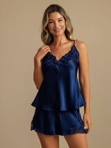 [Dark Blue] SilkSilky-CA Spaghetti Strap V Neck Camisole Set 003