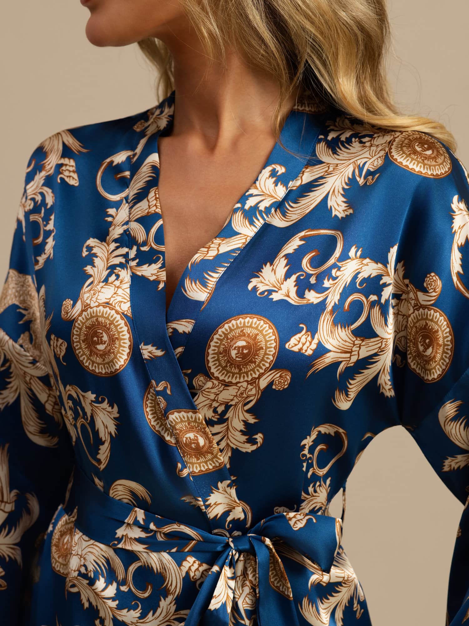 [Navy Dragon] SilkSilky-CA 3/4 Sleeve V Neck Women's Robe 003