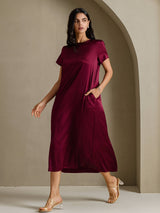 [Dark Red] SilkSilky-CA Short Sleeve Crew Neck Dress 007