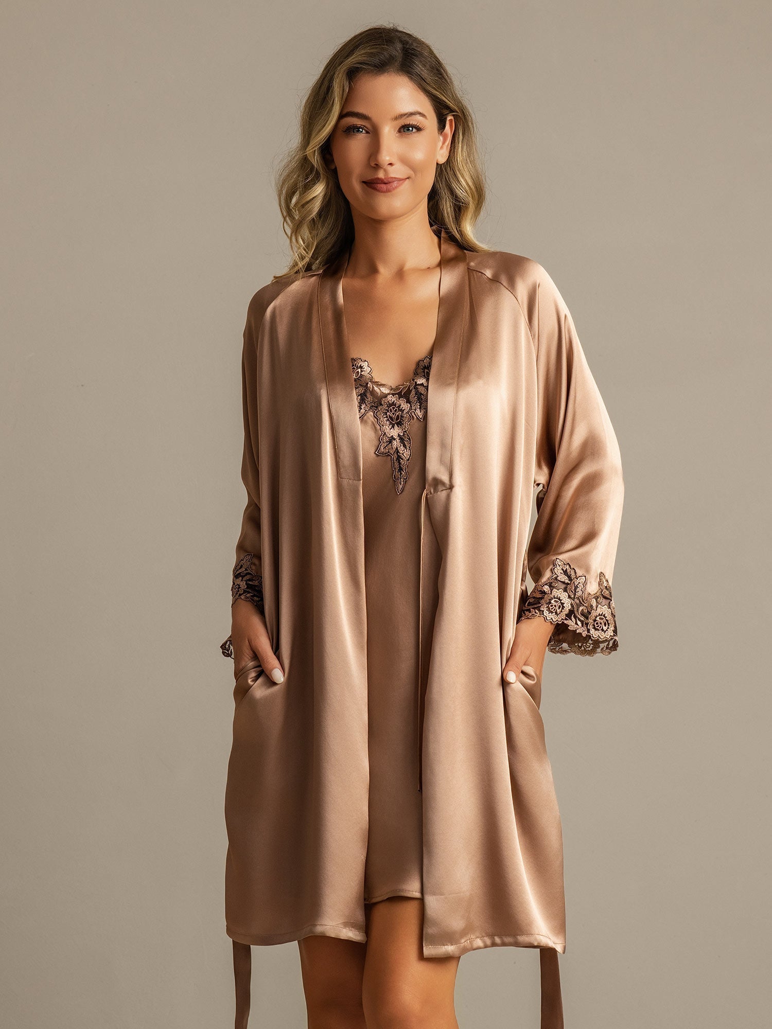 [Brown] SilkSilky-CA Nightgown&Robe Set 003,