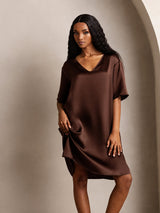 [Brown] SilkSilky-CA Half Sleeve V Neck Nightgown 001