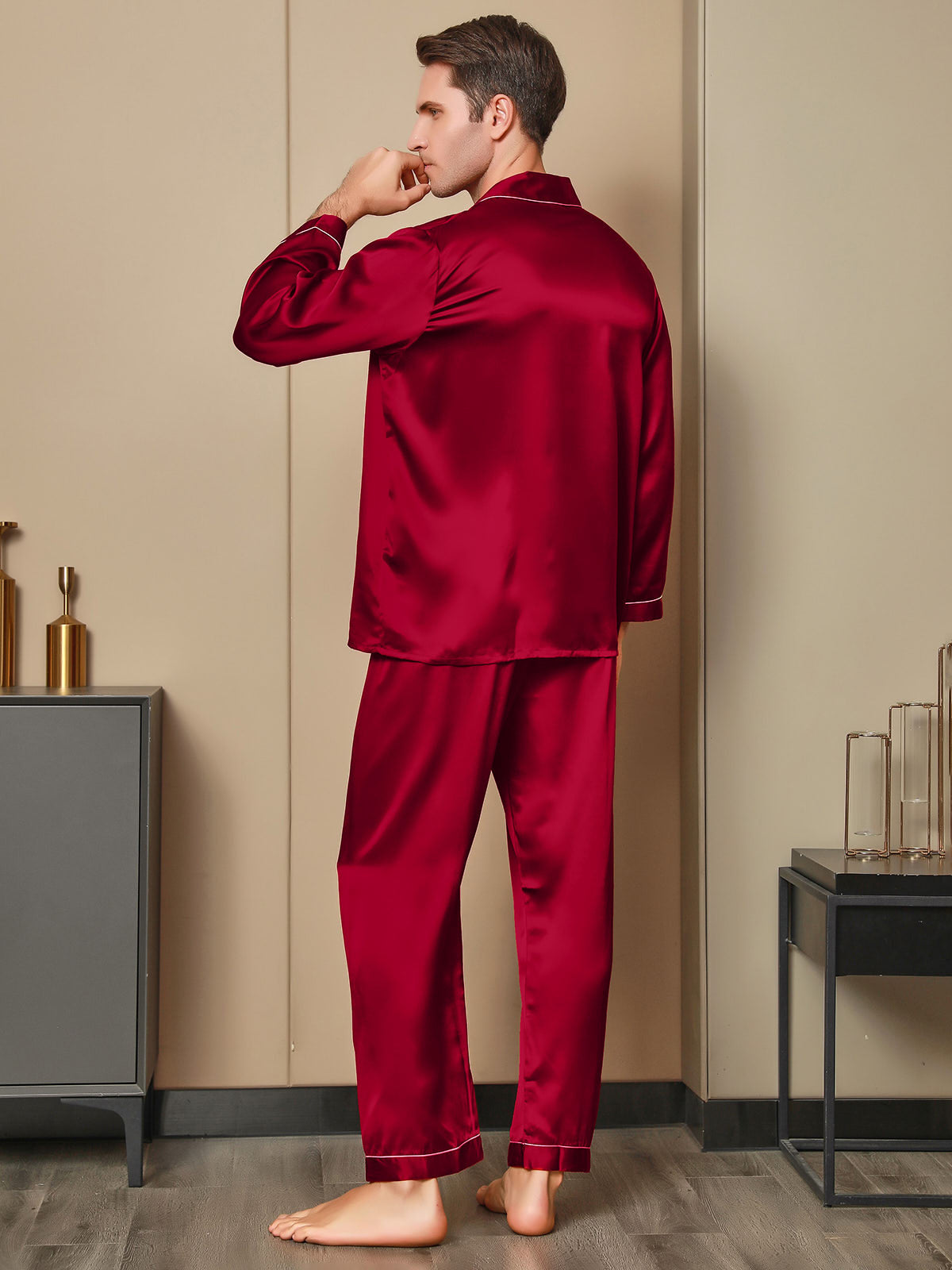 SilkSilky CA 19Momme Pure Silk Long Sleeve Lapel Men's Pajamas Red 002