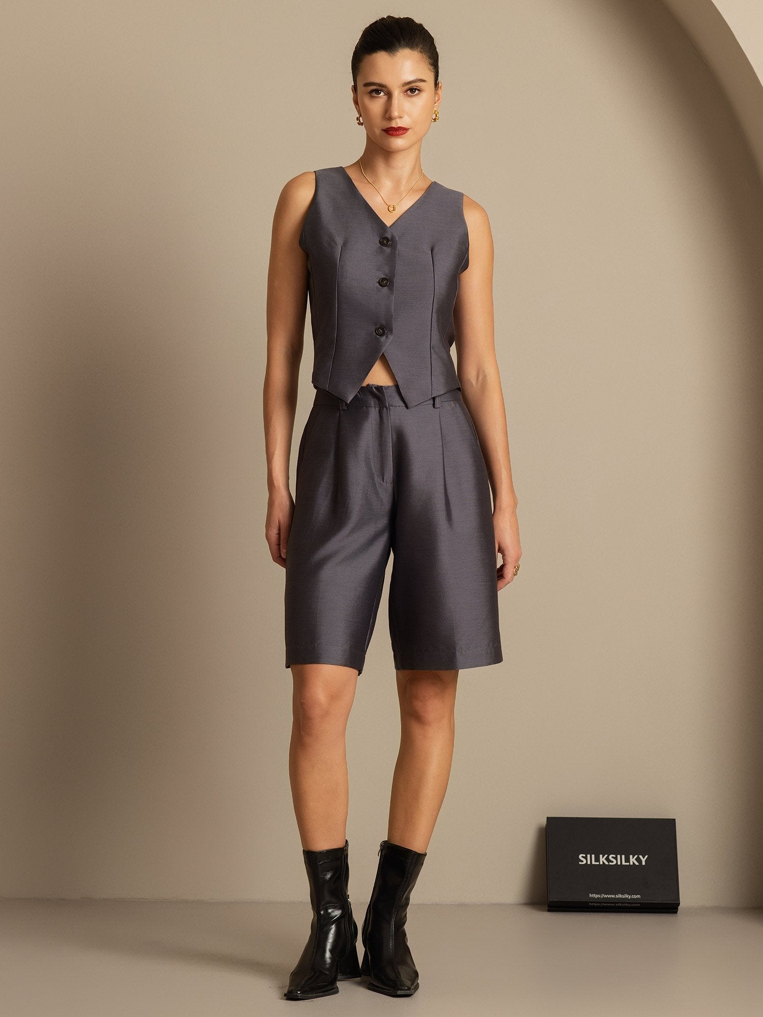 [Gray] SilkSilky-CA 32Momme Silk-Wool Blend V Neck Women's Vest 001,