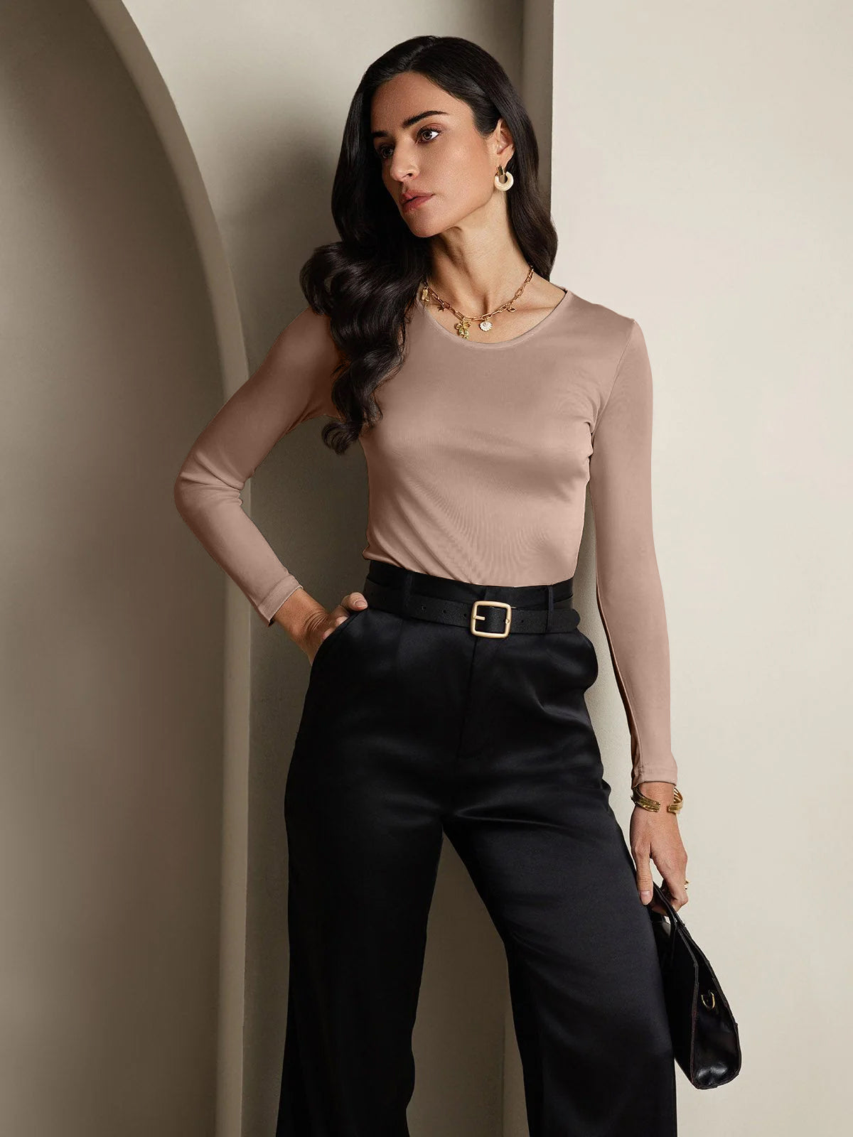 [Coffee] SilkSilky-CA Silk Round Neck Women's T-Shirt 004