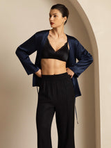 [Dark Blue] SilkSilky-CA 19Momme Stretch Silk Charmeuse Long Sleeve Women's Outerwear 007