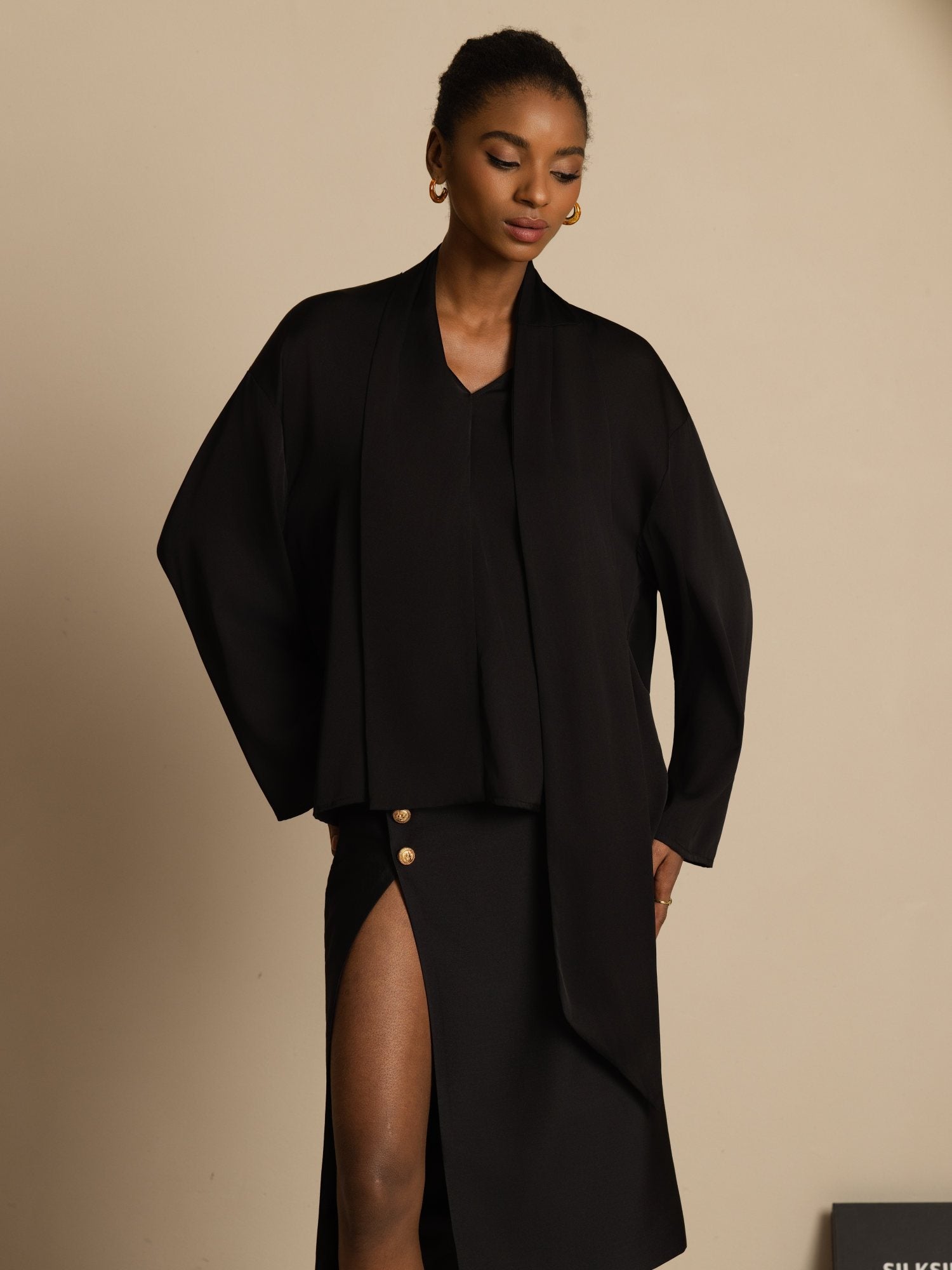 [Black] SilkSilky-CA 19Momme Stretch Silk Double Georgette Long Sleeve V Neck Blouse 005