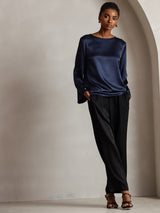 [Dark Blue] SilkSilky-CA Long Sleeve Boat Neck Blouse 006
