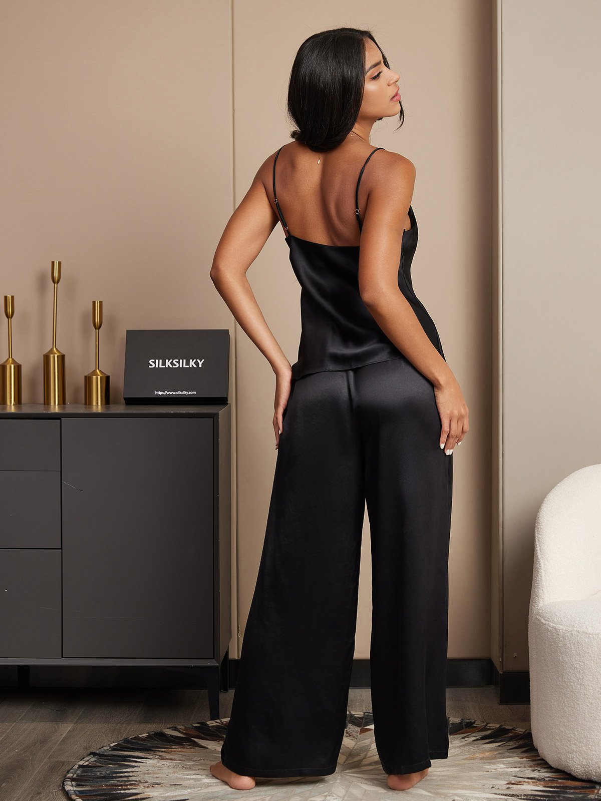 [Black] SilkSilky-CA Pure Silk V Neck Camisole Set 002