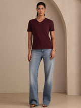 [Wine] SilkSilky-CA Short Sleeve V Neck Women's T-Shirt 005