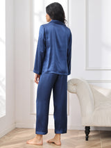 [Dark Blue] SilkSilky-CA Long Sleeve Lapel Collar Women's Pajamas 002
