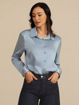 [Grayish Blue] SilkSilky-CA Long Sleeve Lapel Collar Women's Shirt 005