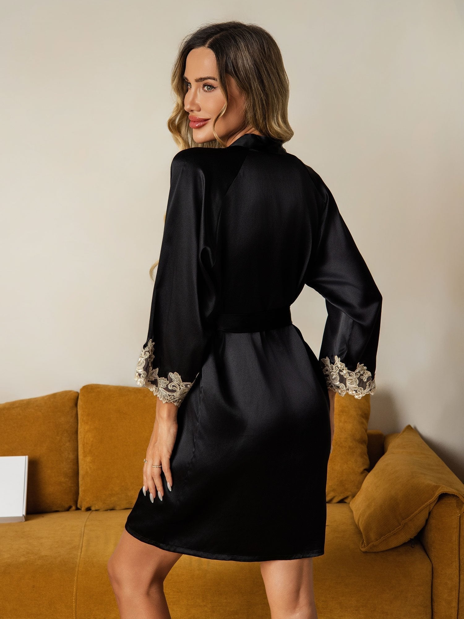 [Black] SilkSilky-CA Pure Silk 3/4 Sleeve Women's Robe 002