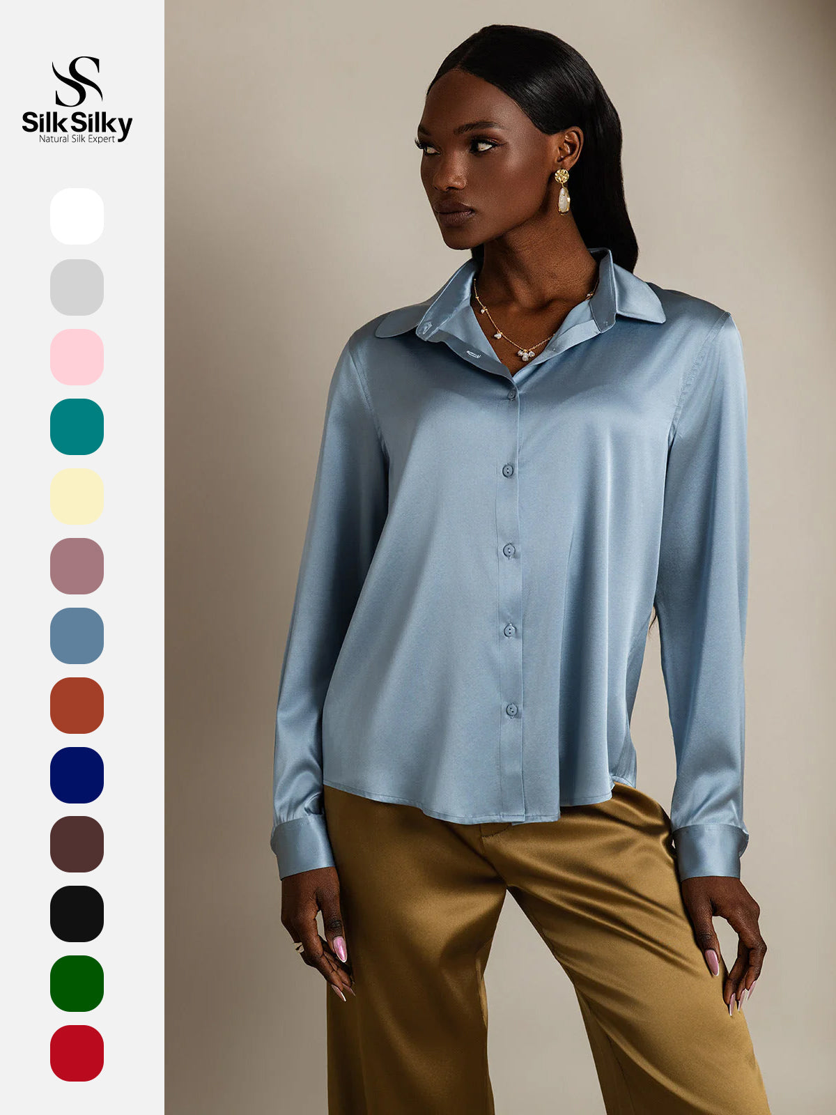 [Grayish Blue] SilkSilky-CA Silk Long Sleeve Lapel Collar Women's Shirt 001