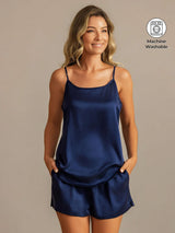 [Dark Blue] SilkSilky-CA 19Momme Machine-Washable Silk Spaghetti Strap Round Neck Camisole Set 001