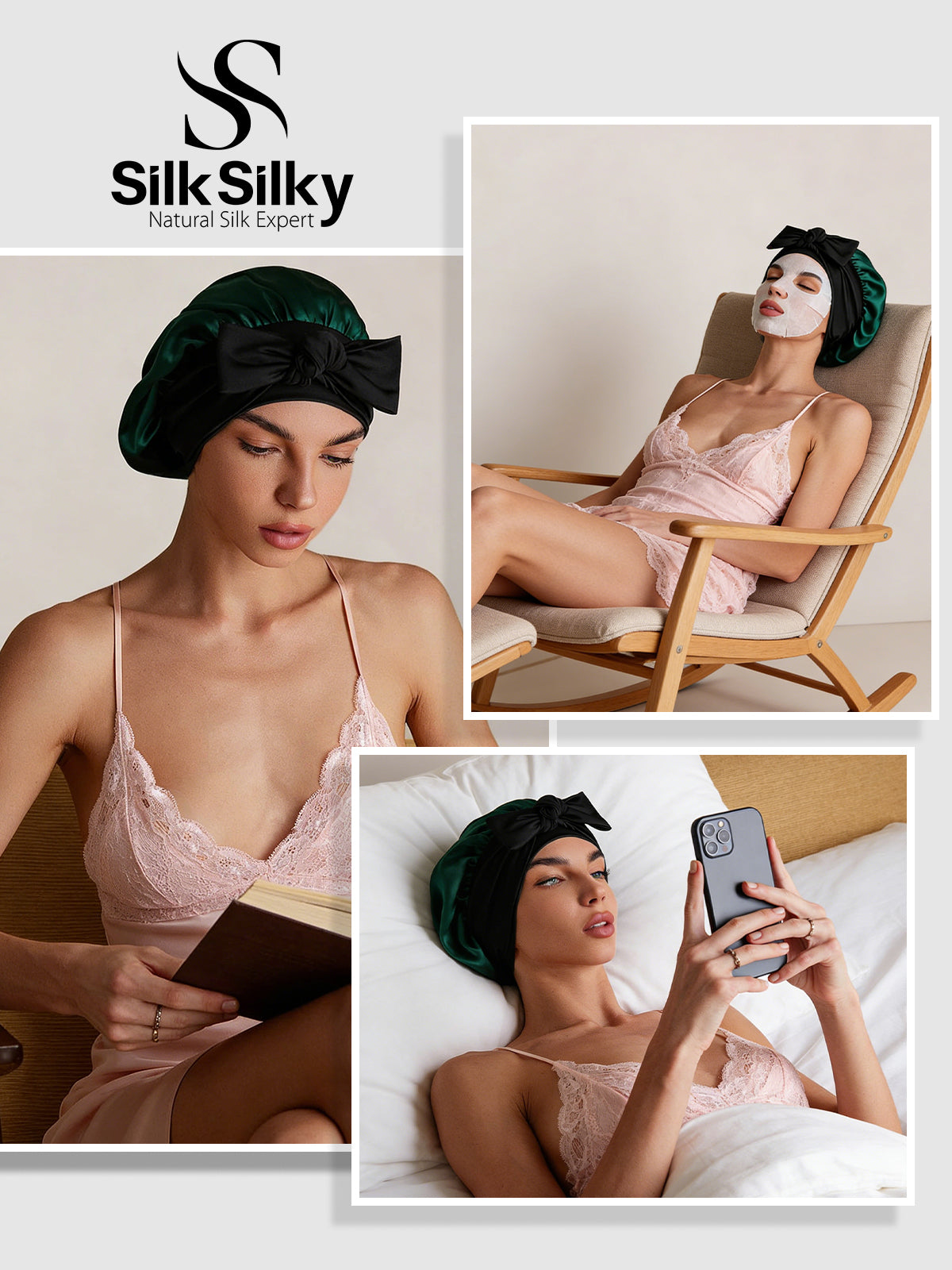 [Dark Green] SilkSilky-CA Pure Silk Sleep Cap 005