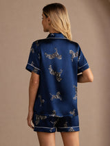 [Navy Zebra] SilkSilky-CA Short Sleeve Lapel Collar Women's Pajamas 002