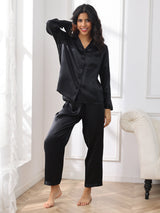 [Black] SilkSilky-CA Long Sleeve Lapel Collar Women's Pajamas 005