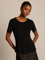 [Black] SilkSilky-CA 100% Silk Jersey Short Sleeve Round Neck Women's T-Shirt 001