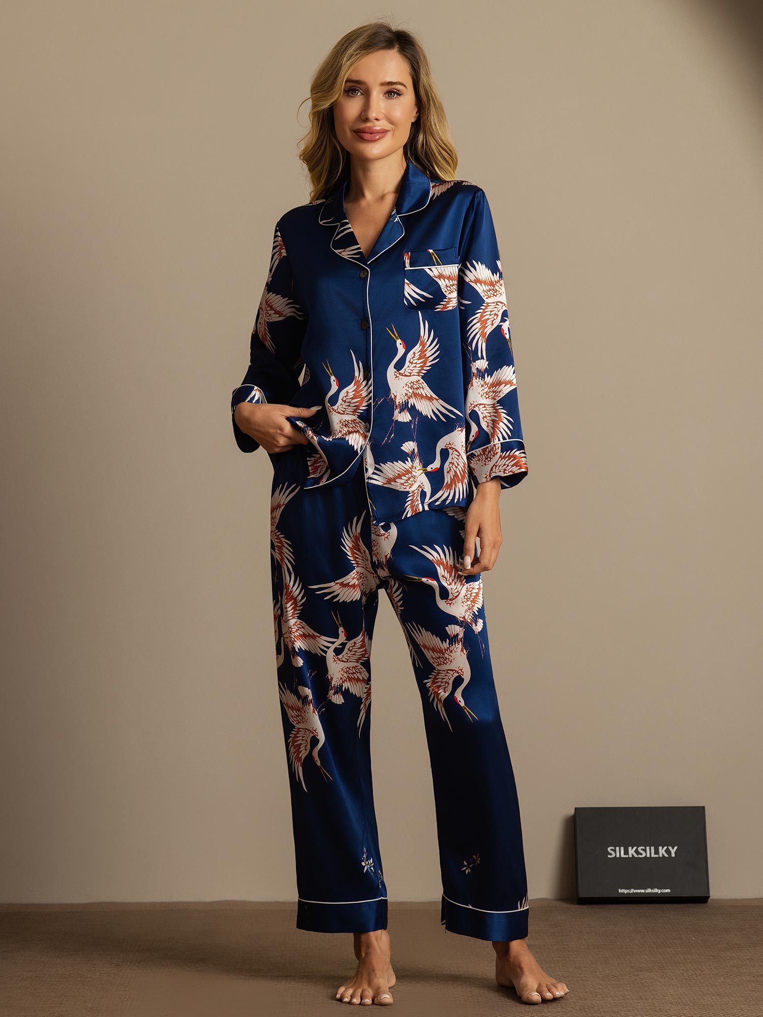 [Dark Blue] SilkSilky-CA 19Momme Long Sleeve Notch Collar Women's Pajamas 007