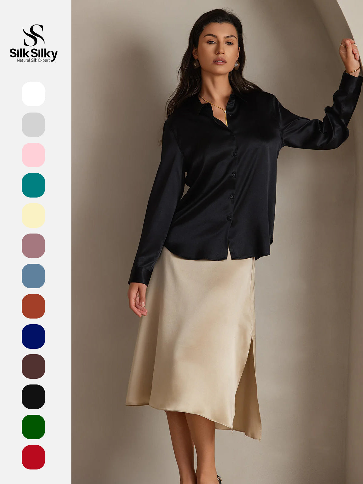 [Black] SilkSilky-CA Silk Long Sleeve Lapel Collar Women's Shirt 001