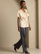 [Champagne] SilkSilky-CA Short Sleeve Cowl Neck Women's Blouse 007