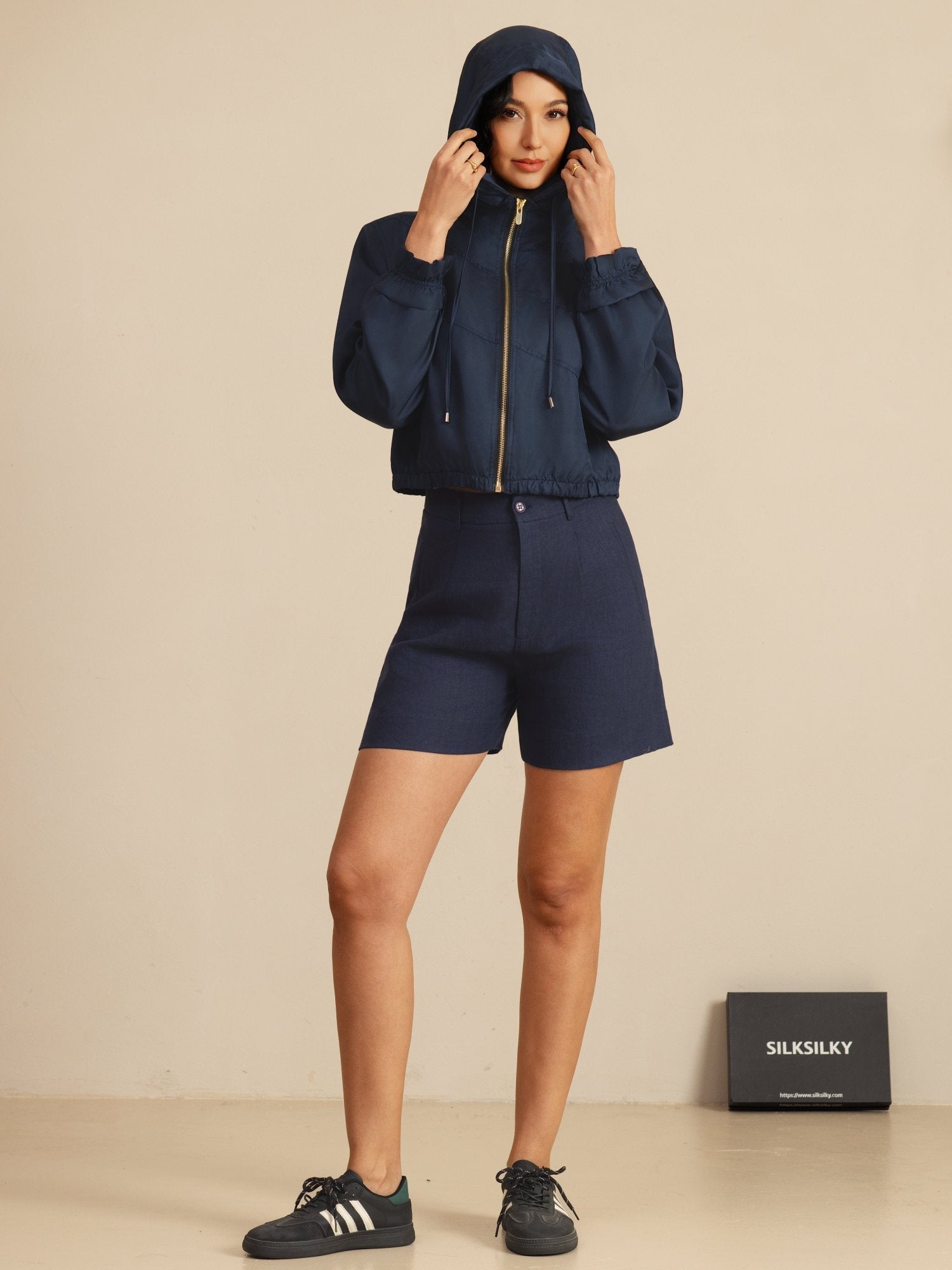 [DarkBlue] SilkSilky-CA 18Momme Silk Satin Surah Long Sleeve High Neck Women's Outerwear 008