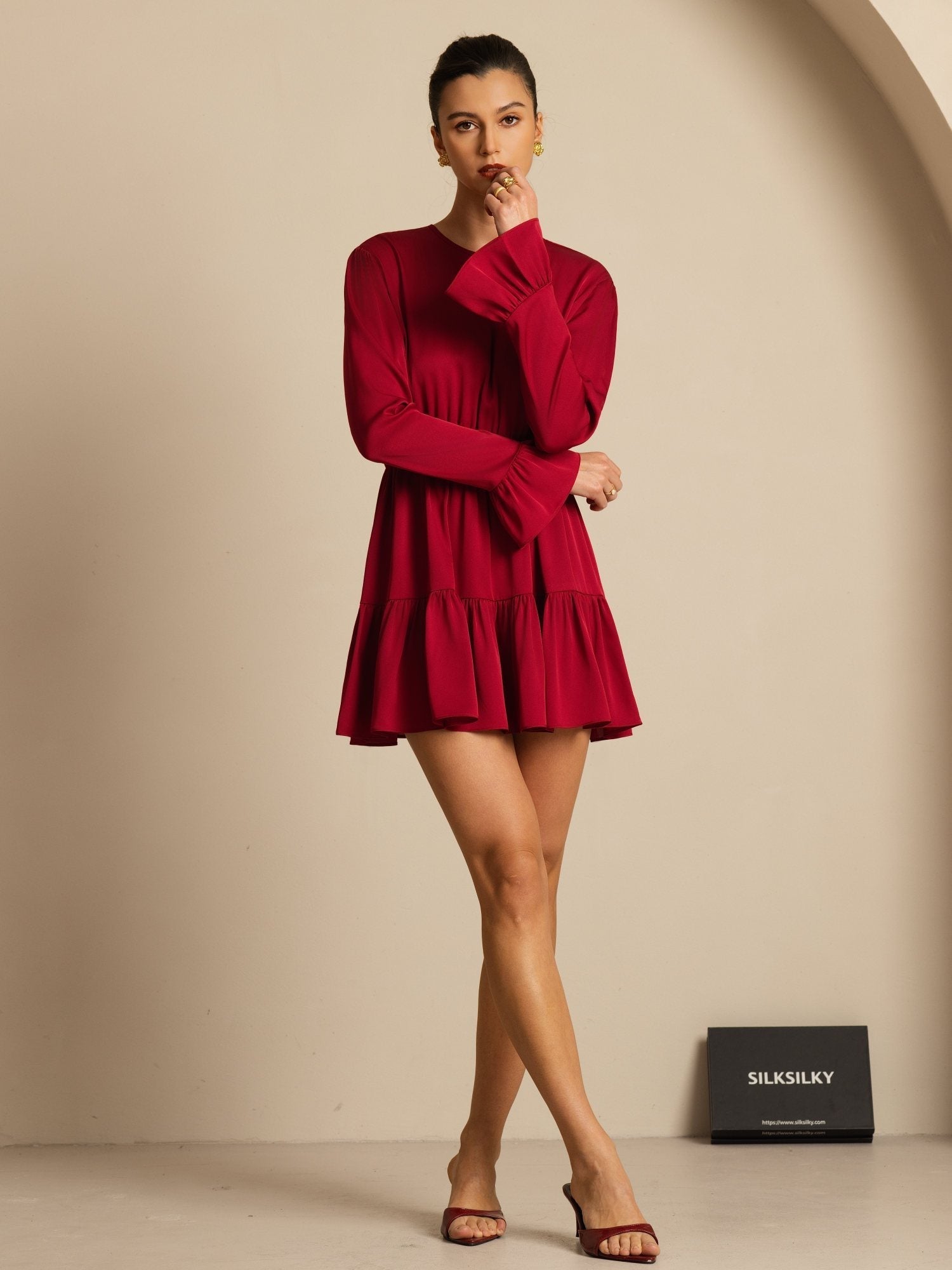 [Wine] SilkSilky-CA 19Momme Stretch Silk Double Georgette Long Sleeve Round Neck Dress 001