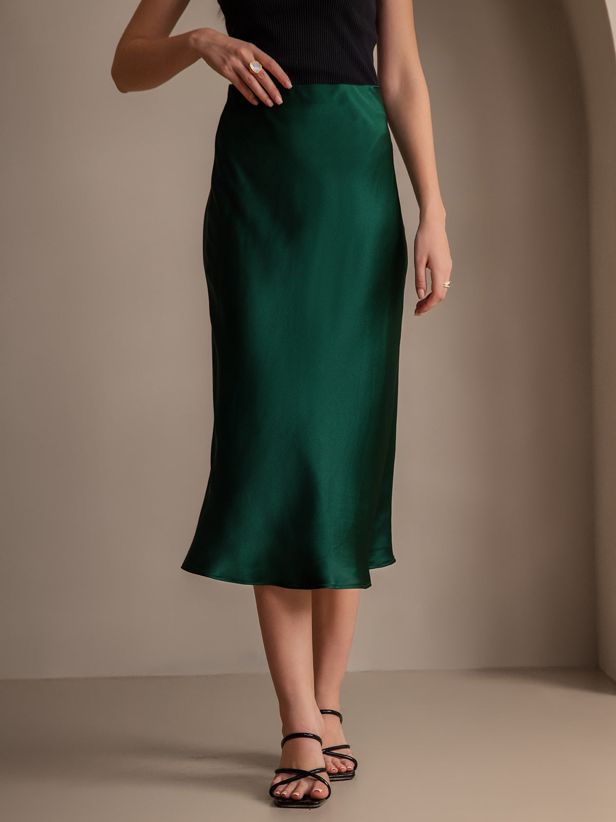 SilkSilky-CA 19Momme Pure Silk Skirt DarkGreen 001