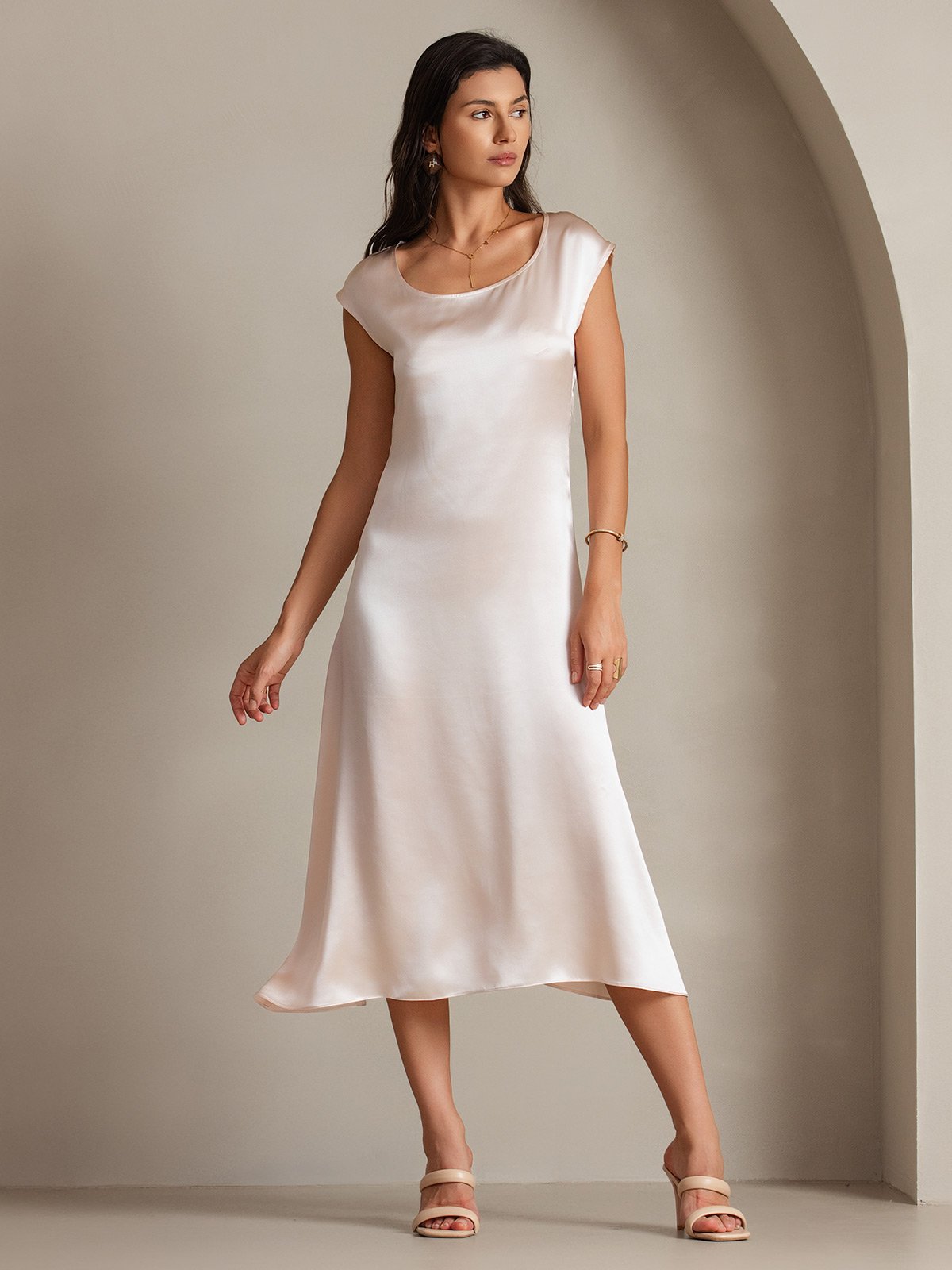 [Pink] SilkSilky-CA 19Momme Silk Cap Sleeve Round Neck Dress 003