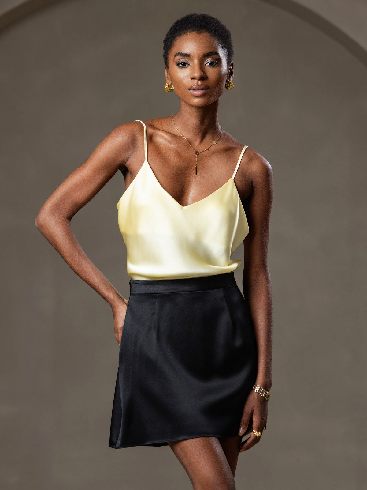 [Light Yellow] SilkSilky-CA Pure Silk V Neck Camisole 001