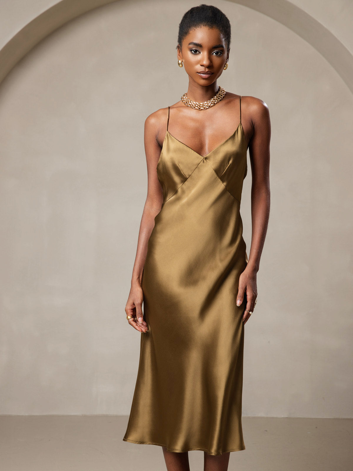 [Brown] SilkSilky-CA 19Momme Pure Silk V Neck Dress 004