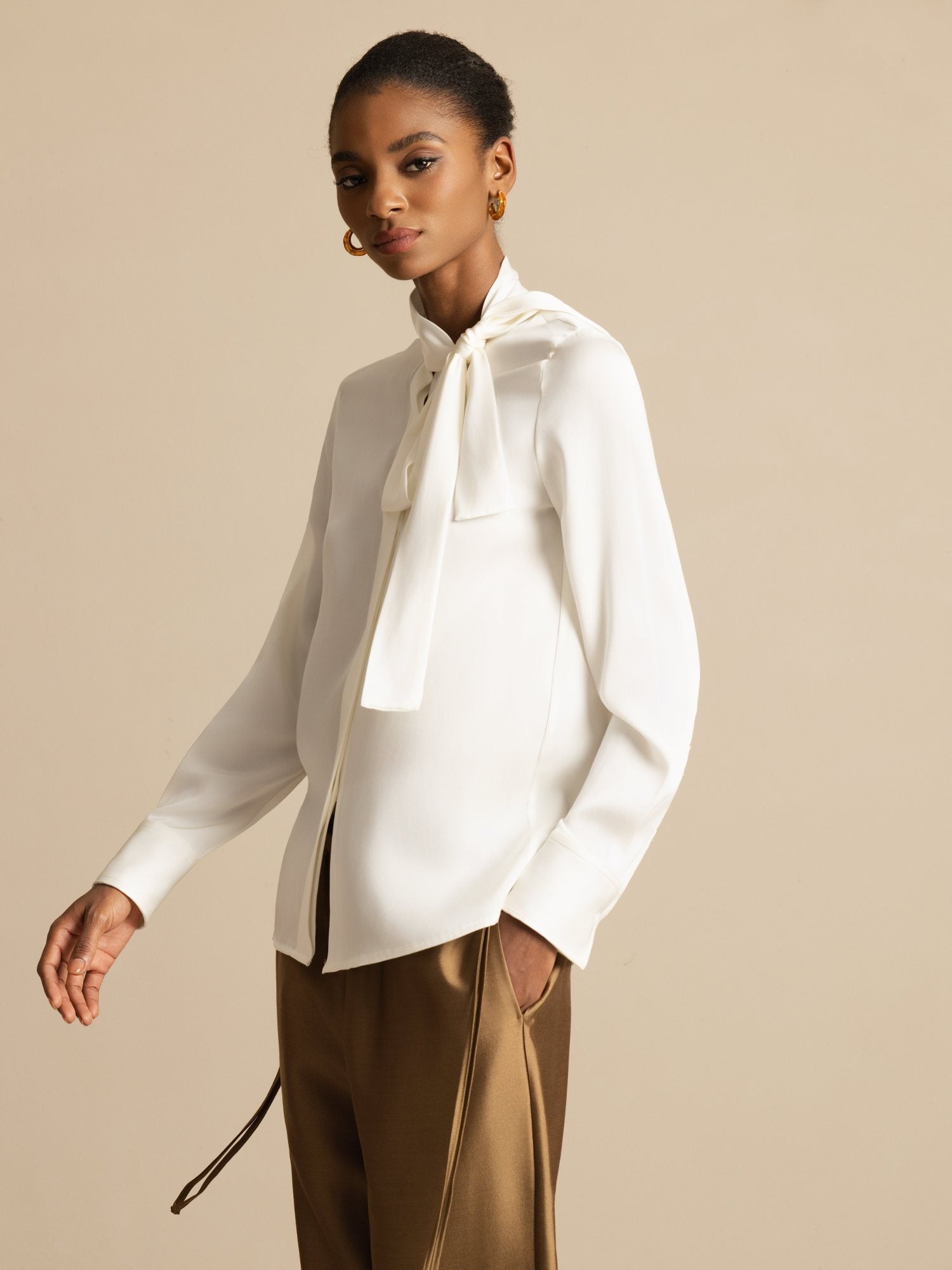 [White] SilkSilky-CA 19Momme Stretch Silk Charmeuse Long Sleeve Tie Neck Blouse 006