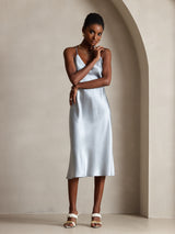 [Grayish Blue] SilkSilky-CA Pure Silk Sleeveless V Neck Dress 006