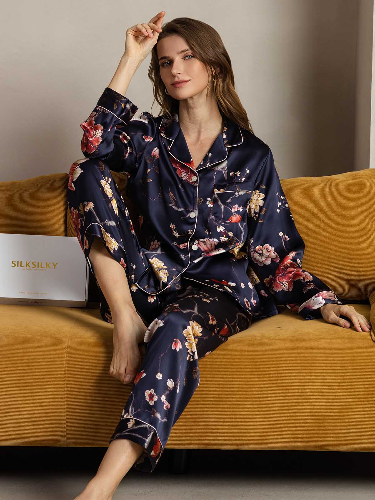 [Navy Floral] SilkSilky-CA Pure Silk Womens Pajamas 003