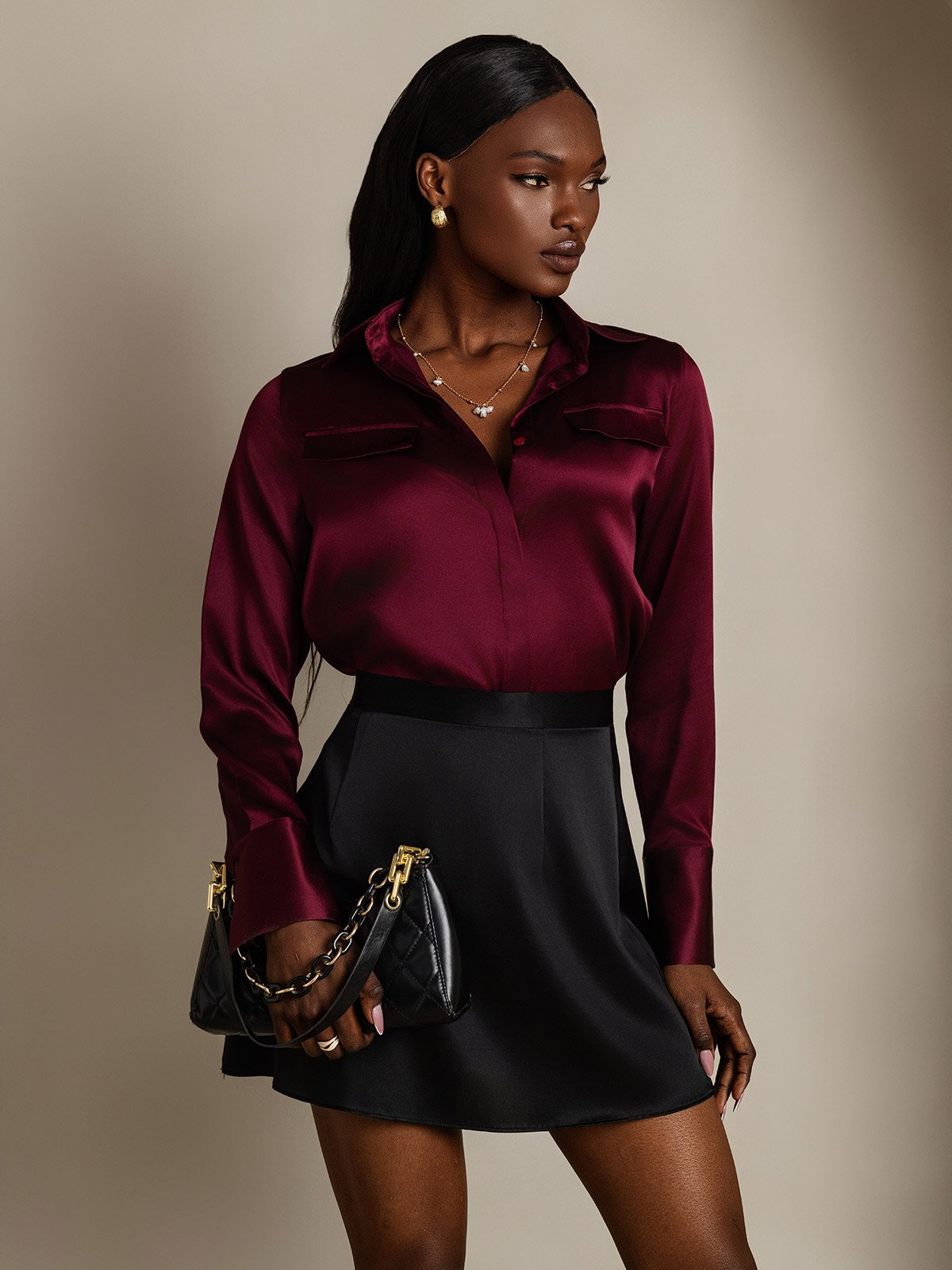 SilkSilky-CA 19Momme Silk Long Sleeve Collar Women's Shirt DarkRed 001
