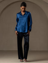[Teal] SilkSilky-CA Long Sleeve Lapel Collar Women's Shirt 004