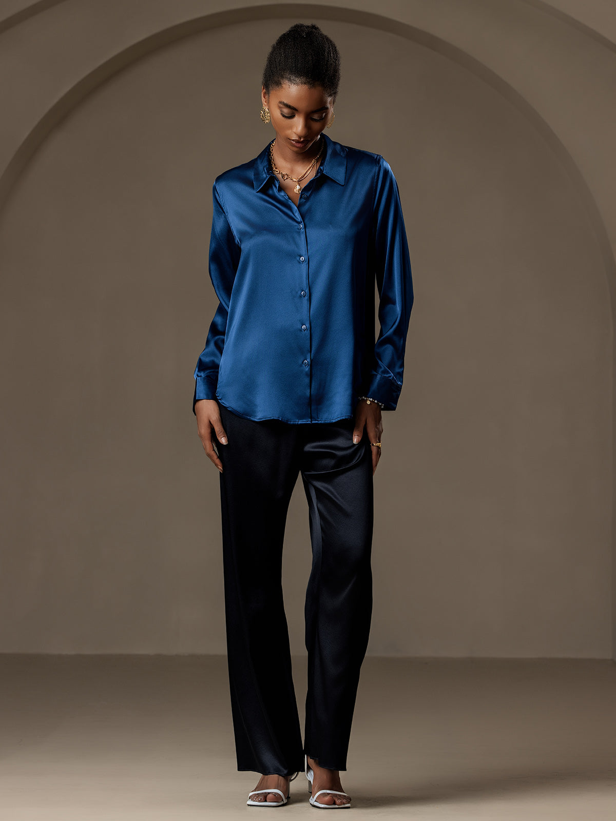[Teal] SilkSilky-CA Silk Lapel Collar Women's Shirt 006