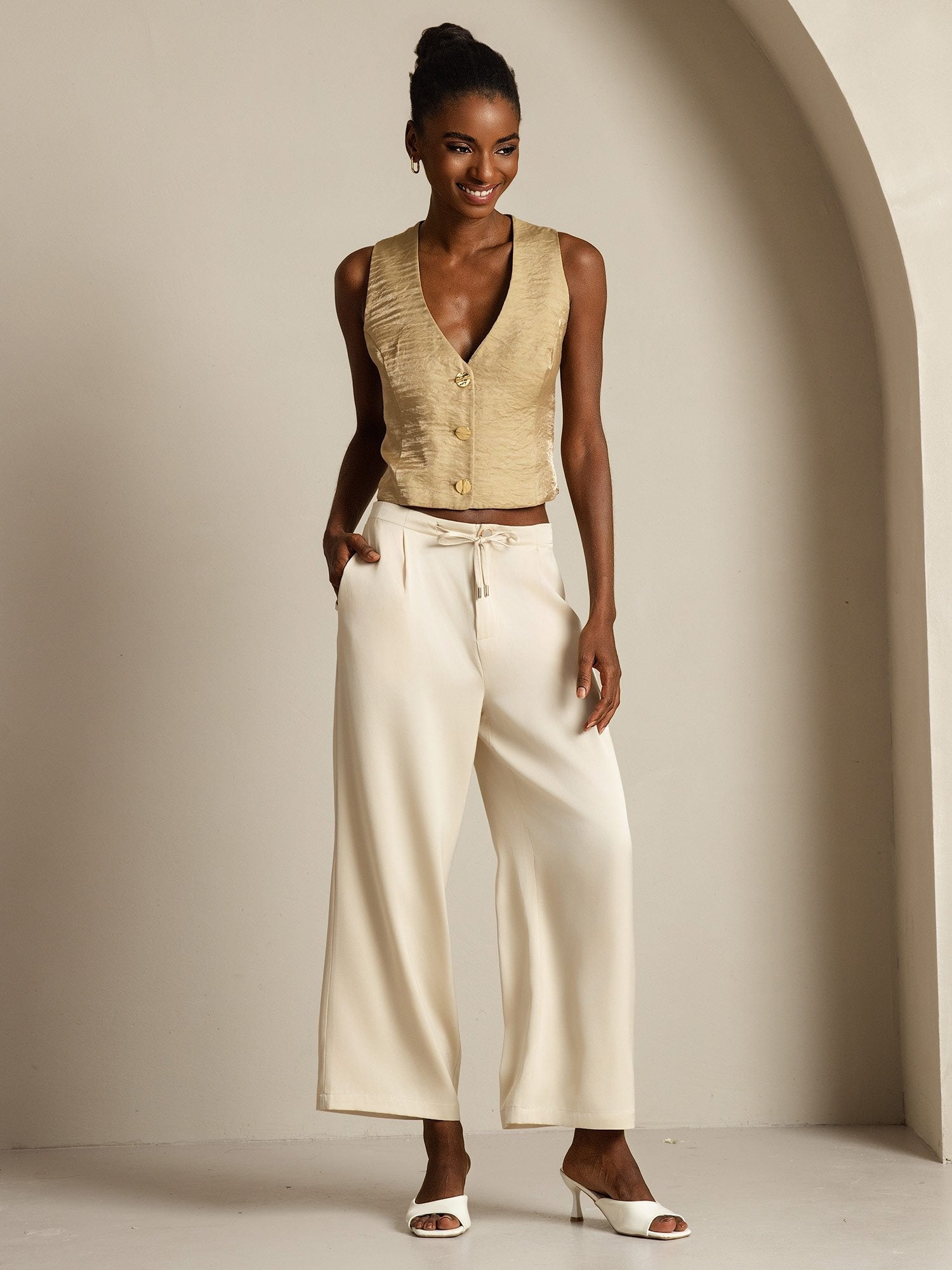 [Beige] SilkSilky-CA 19Momme Silk Womens Pants 008