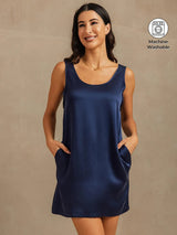 [Dark Blue] SilkSilky-CA 19Momme Machine-Washable Silk Sleeveless Scoop Neck Nightgown 001