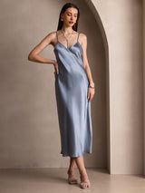 [Grayish Blue] SilkSilky-CA Spaghetti Strap V Neck Dress 001