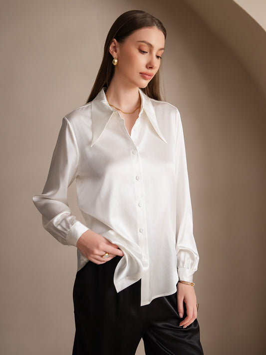 SilkSilky CA 19Momme Silk Long Sleeve Collar Women's Shirt White 001