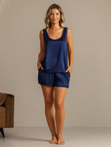 [Dark Blue] SilkSilky-CA 19Momme Machine-Washable Silk Sleeveless Scoop Neck Women's Pajamas 008