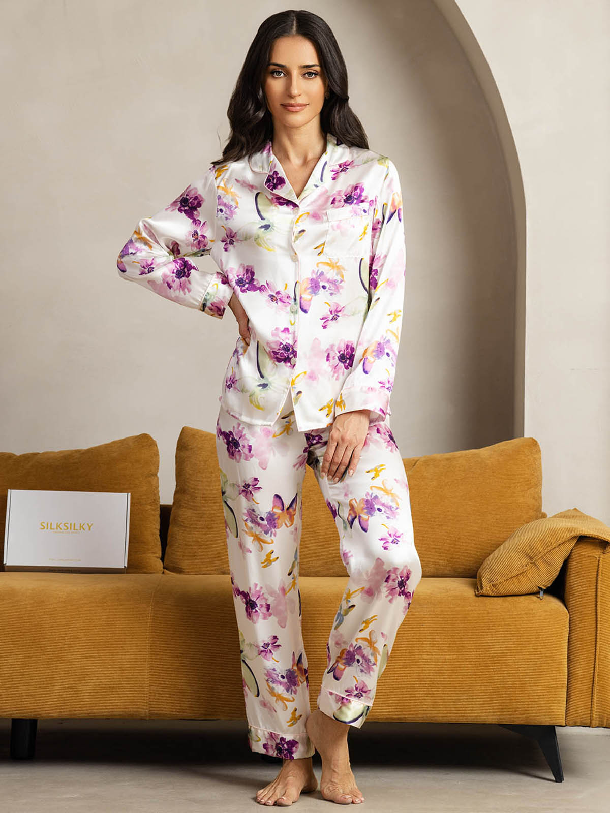 [Watercolor Floral] SilkSilky-CA Pure Silk Womens Pajamas 004
