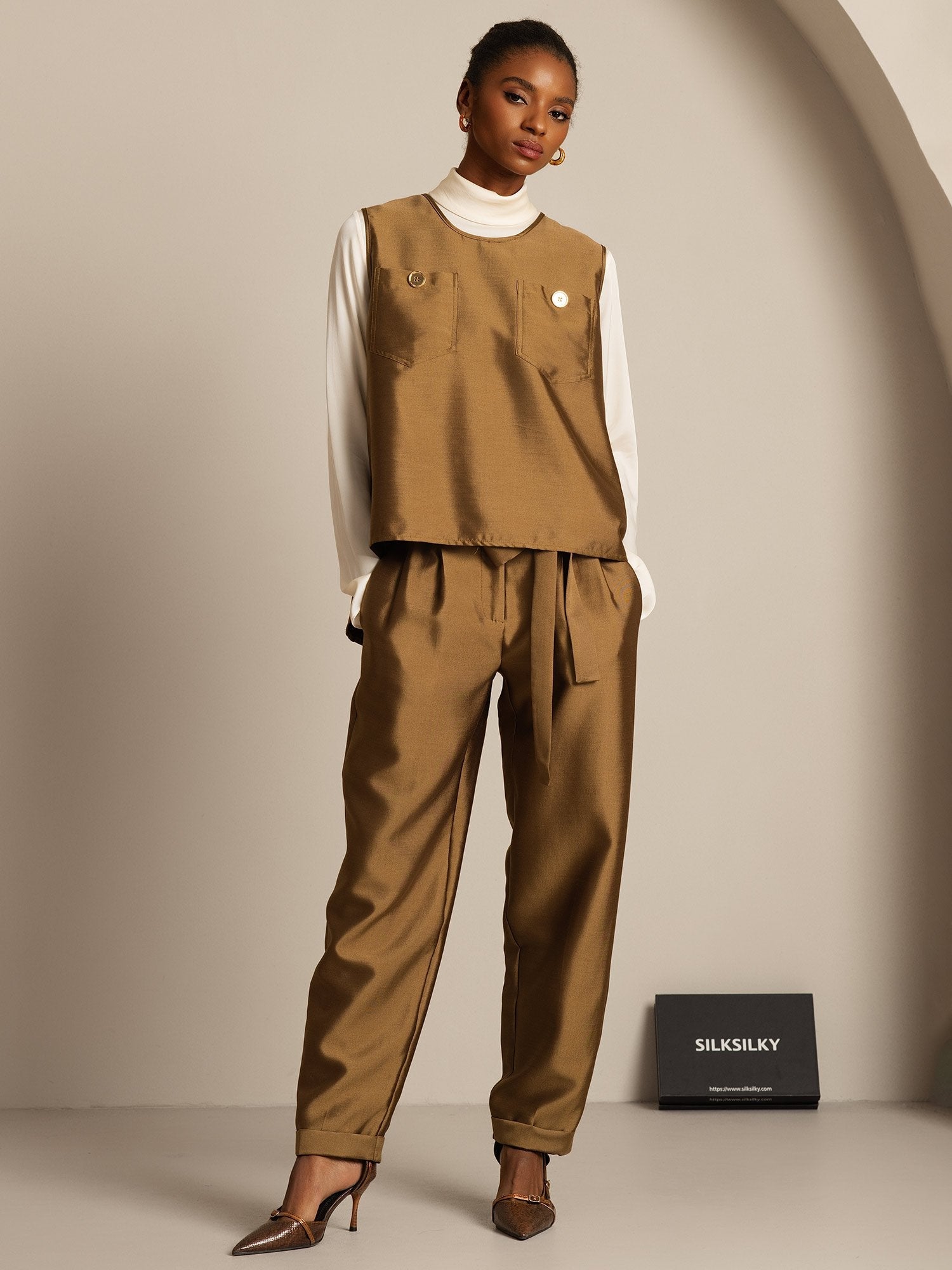 [Bronze] SilkSilky-CA 32Momme Silk-Wool Blend Womens Vest 005,