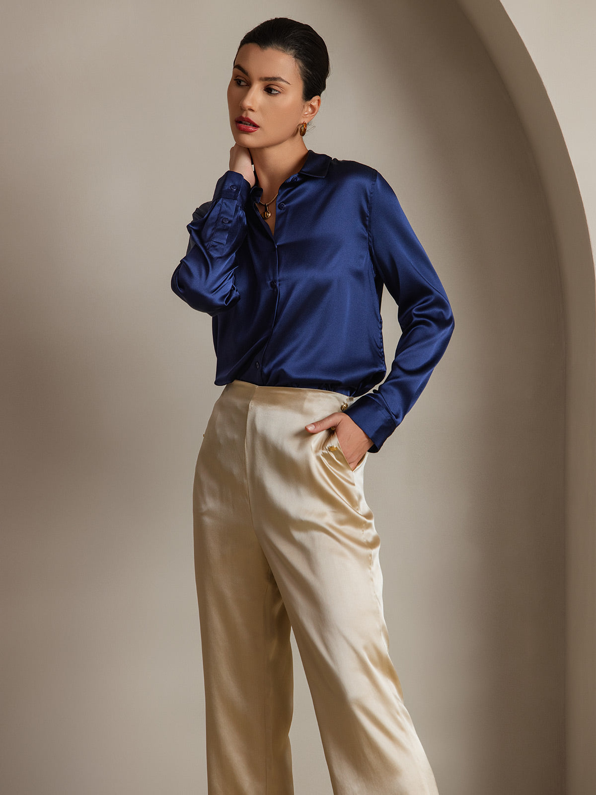 [Dark Blue] SilkSilky-CA 19Momme Stretch Silk Charmeuse Long Sleeve Lapel Collar Women's Shirt 005