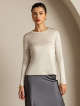 [Gray] SilkSilky-CA 100% Silk Jersey Long Sleeve Crew Neck Women's T-Shirt 013