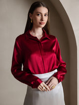 [Wine] SilkSilky-CA 19Momme Stretch Silk Charmeuse Long Sleeve Lapel Collar Women's Shirt 003
