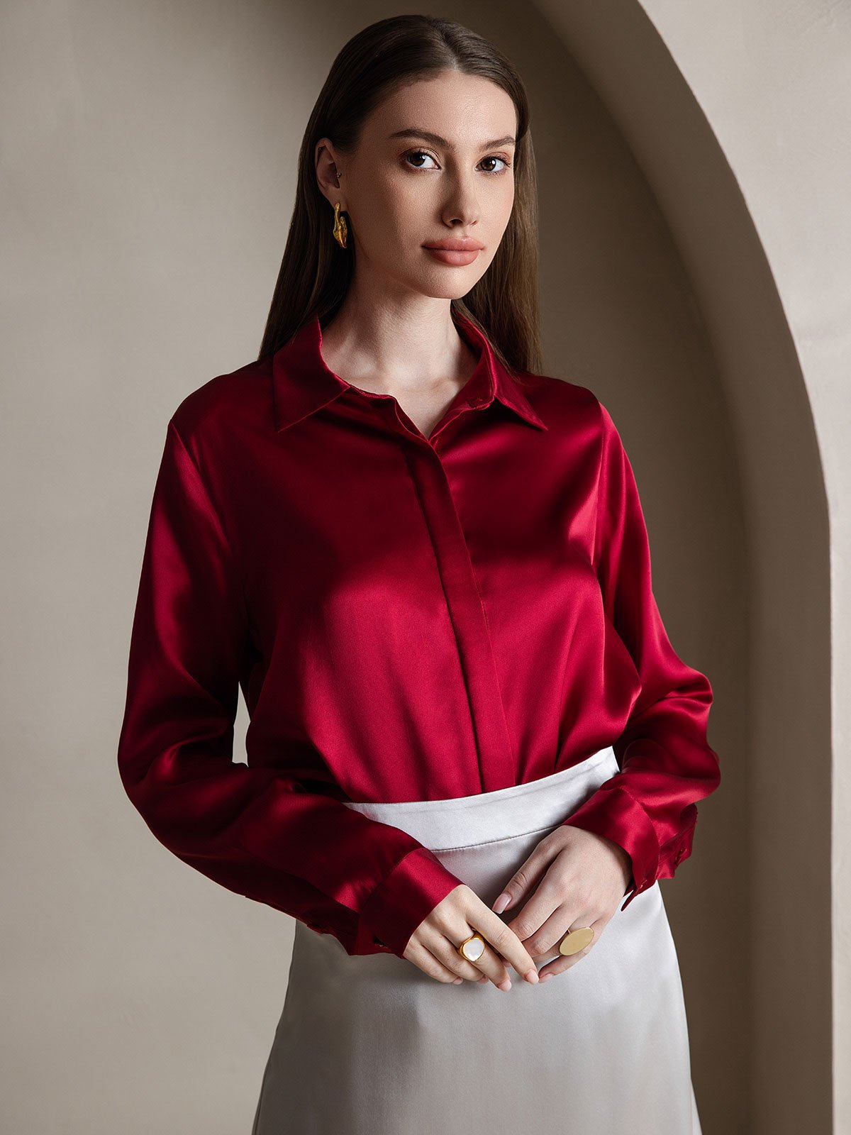 [Wine] SilkSilky-CA 19Momme Silk Long Sleeve Lapel Collar Women's Shirt 003