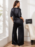 SilkSilky CA Pure Silk Half Sleeve Round Neck Women's Pajamas Black 002